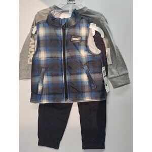 DKNY‎  Size 2T Set Of 3, Plaid Blue Vest/ Black Pants/ Grey Long Sleeve Printed